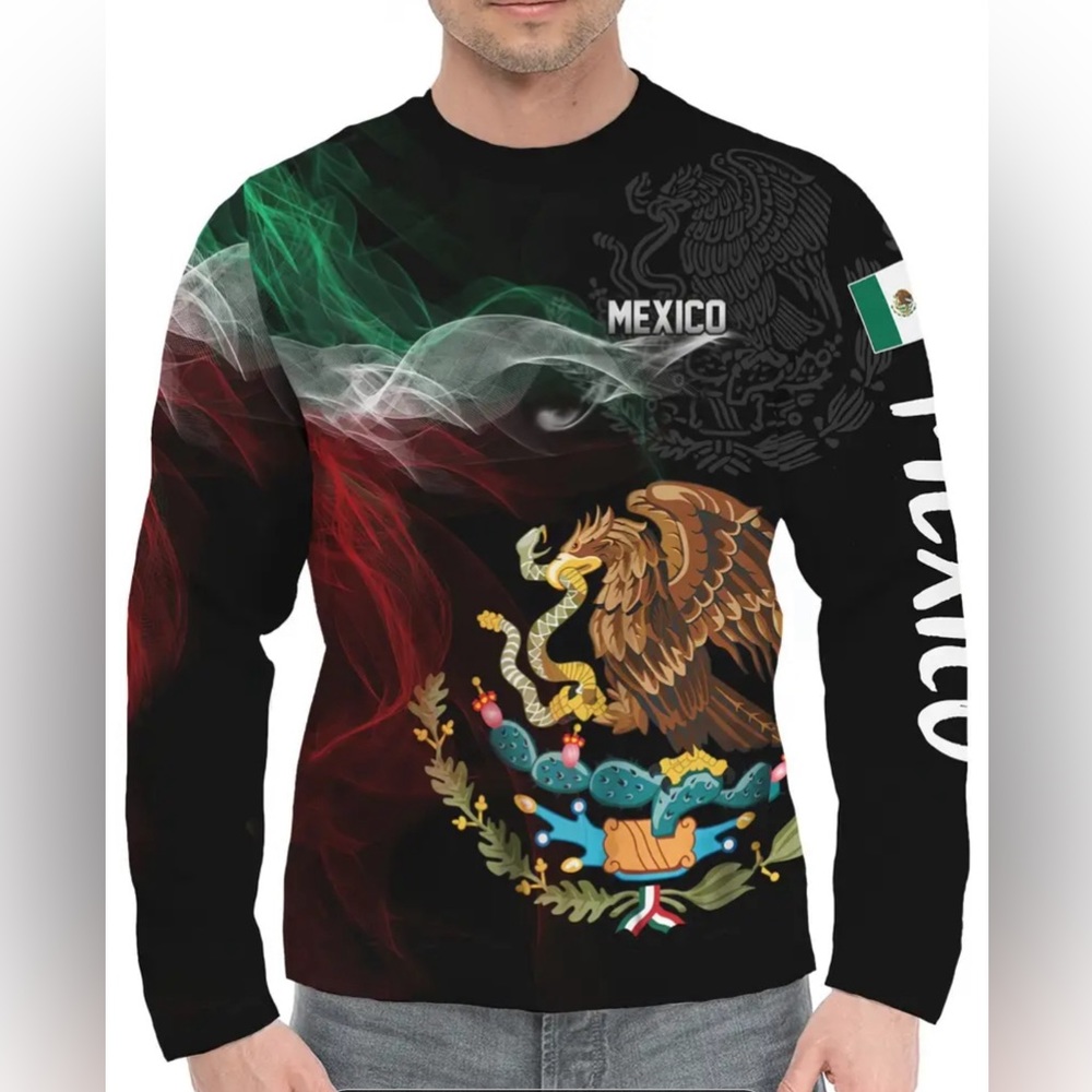 Aztec Mexican Pattern Print, Men's Graphic Design Round Neck Long Sleeve Shirts,